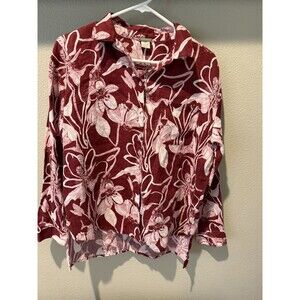 Magaschoni Floral Print Linen Button Down Oversized Shirt Burgundy Sz Small